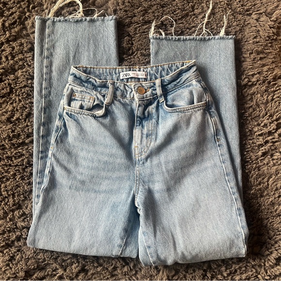 Zara Denim - Zara High Waisted Raw Hem Straight Leg Jeans